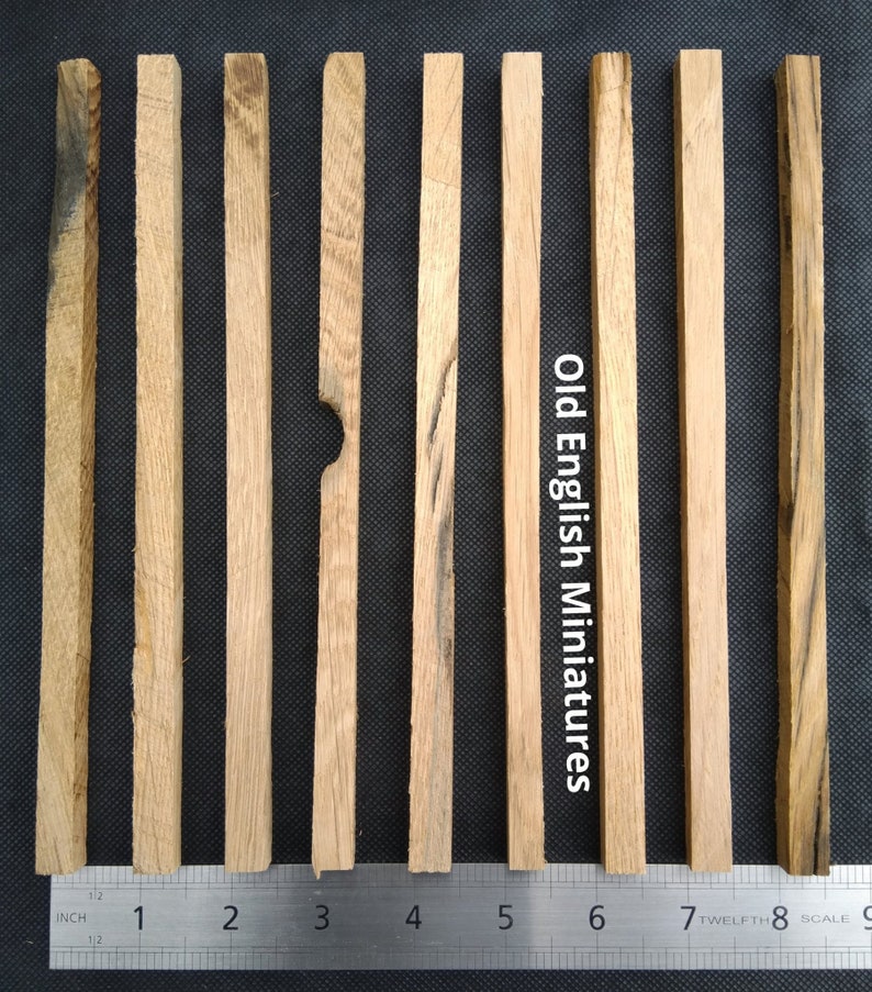 Real miniature vintage rustic oak beams, for dolls farmhouse, dolls Tudor house, dolls haunted house, miniature, Architectural model, model railway, model castle, arts and crafts, handcrafted by Old English Miniatures from reclaimed vintage oak, Size approx 9"inch/225mm long x 10mm x 10mm, each pack contains 9 pieces, available from my Etsy store, the ruler gives an idea of sizes