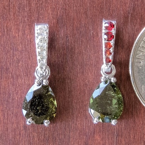7x9mm Pear Cut Faceted Moldavite Pendant with Cubic Zirconia/Garnets in Sterling Silver Setting - Museum Grade Jewelry, Facet Necklace
