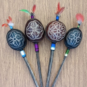 Flower Geometric Design Hand Carved Shipibo Rattle from Peru with Macaw Feathers - Choose Your Own - Shaker, Maraca, Shamanic Instruments