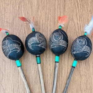 Condor Design Hand Carved Shipibo Rattle from Peru with Macaw Feathers - Choose Your Own - Shaker, Maraca, Shamanic Instruments, Medicine