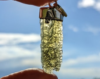 3.8g Sterling Silver Moldavite Pendant - Museum Grade - Celestial Crystal, Meteorite Glass, Crystal Tektite, Moldavite Necklace Jewelry
