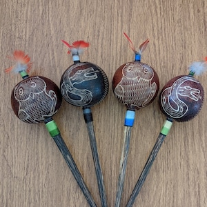 Owl/Snake Design Hand Carved Shipibo Rattle from Peru with Macaw Feathers - Choose Your Own - Shaker, Maraca, Shamanic Instruments