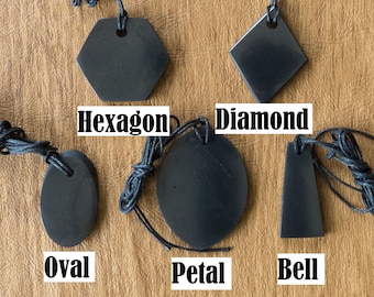 Polished Shungite Pendant, 7 Different Shapes - Hexagon, Diamond, Petal - Stone for Water Filtration, EMF Shielding, EMF and 5G Blocking