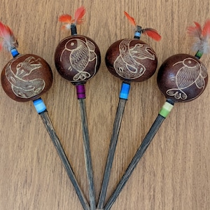 Snake/Hummingbird Design Hand Carved Shipibo Rattle from Peru with Macaw Feathers - Choose Your Own - Shaker, Maraca, Shamanic Instruments