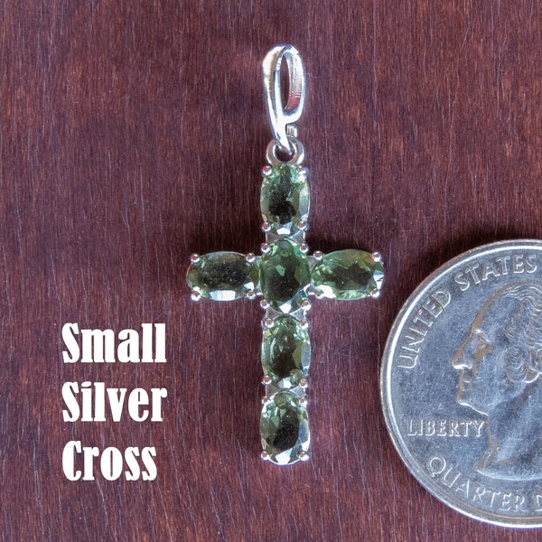 Moldavite Cross Pendant - Silver or Gold w Cushion/Rectangle Cut Moldavite Facets - Faceted Museum Grade Sterling Silver Necklace, Jewelry