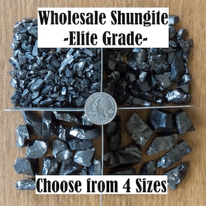 May include: Four samples of black shungite crystals in different sizes, with a US quarter for scale. The text "Wholesale Shungite -Elite Grade- Choose from 4 Sizes" is visible below the samples.