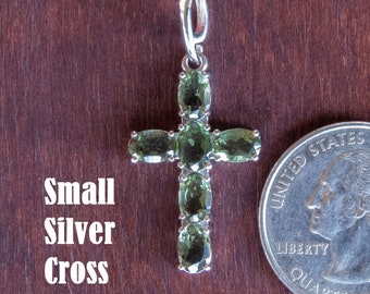 Moldavite Cross Pendant - Silver or Gold w Cushion/Rectangle Cut Moldavite Facets - Faceted Museum Grade Sterling Silver Necklace, Jewelry