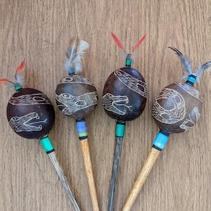 Snake Design Hand Carved Shipibo Rattle from Peru with Macaw Feathers - Choose Your Own - Shaker, Maraca, Shamanic Instruments