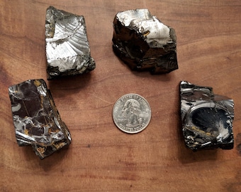 May include: Four pieces of black obsidian with iridescent silver flecks. The obsidian is arranged on a wooden surface with a US quarter for scale.