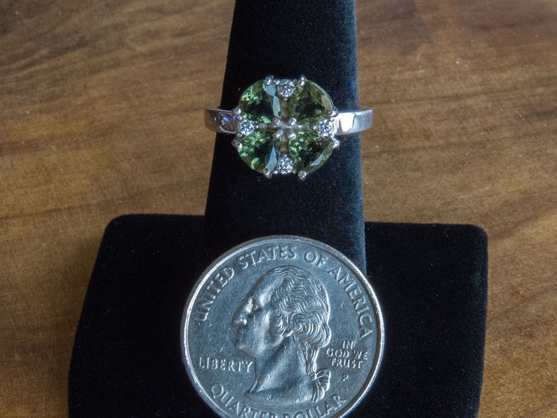 Cloverleaf Moldavite Sterling Silver Ring with 4 x 5mm Trillion Moldavite Facets Meteorite Glass Faceted Gemstone Ring Museum Grade