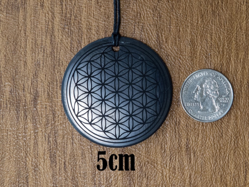 May include: A black stone pendant with a silver flower of life design. The pendant is 5 cm in diameter and is hanging from a black cord.