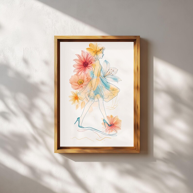 Minimalist Floral Woman Line Art Print, Watercolor Fashion Wall Decor ...