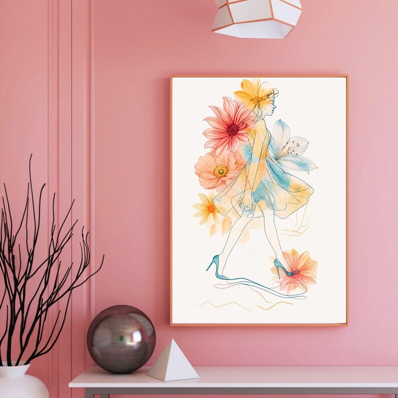 Minimalist Floral Woman Line Art Print, Watercolor Fashion Wall Decor ...