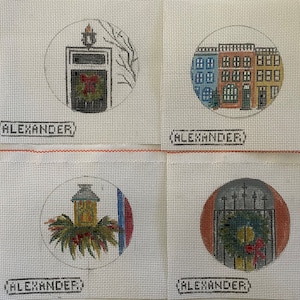 Unique Needlepoint Canvases 3 inch round Christmas Ornament-Based on Crystal Moll painting-Hand painted by Bonnie Alexander-Set of 4