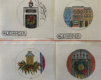 Unieke Naaldpunt Canvassen 3 inch ronde Kerst Ornament-Gebaseerd op Crystal Moll schilderij-Hand geschilderd door Bonnie Alexander-Set van 4
