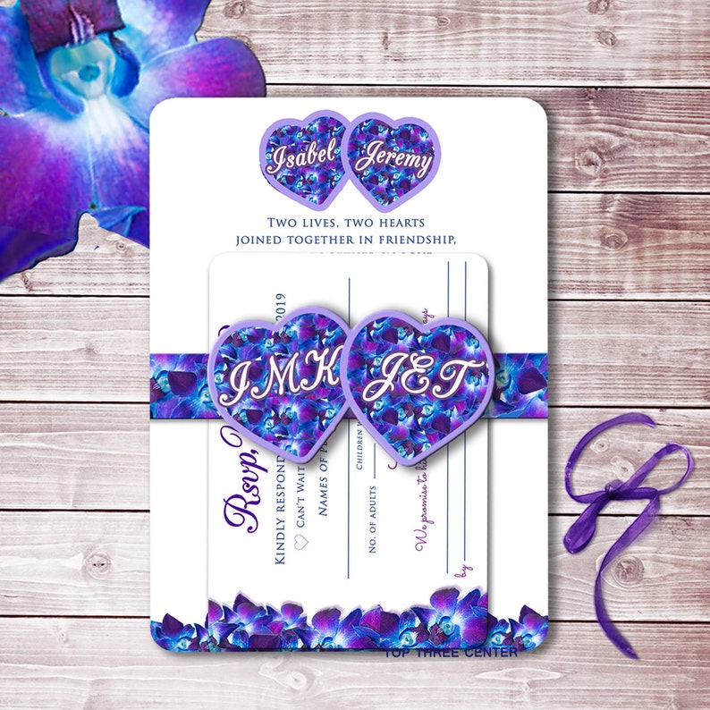 Custom Belly Bands Wedding Invitation Suites Blue Purple Orchid Dendrobium Wedding Invitation Suites Purple Orchid Wedding Invitations