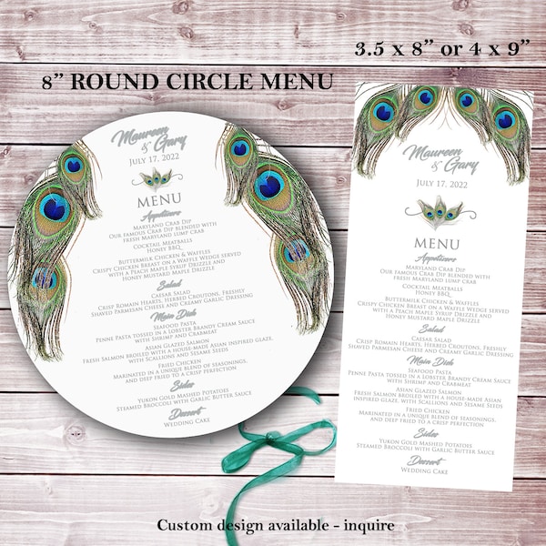 PRINTED Menus -  8" Round, 4x9", 3.5x8" Peacock design, custom circle menu, round menu, custom design printed menus