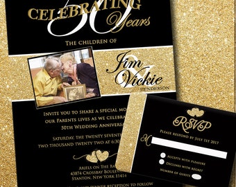 50th Black Gold Glitter Anniversary Celebration Invite - Printed Photo Invitations, Gold & Black, Anniversary Invitation, Printed Invitation