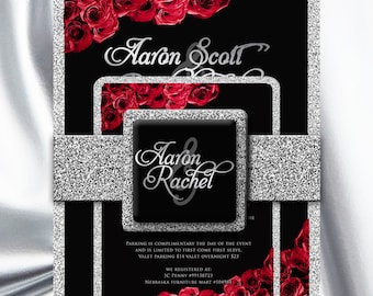 Black & Red Invitation, Red Rose Invitation, Red Black Wedding Invite, Red Rose Silver Black Invitation, Gothic Wedding,Quinceanerra,Vintage