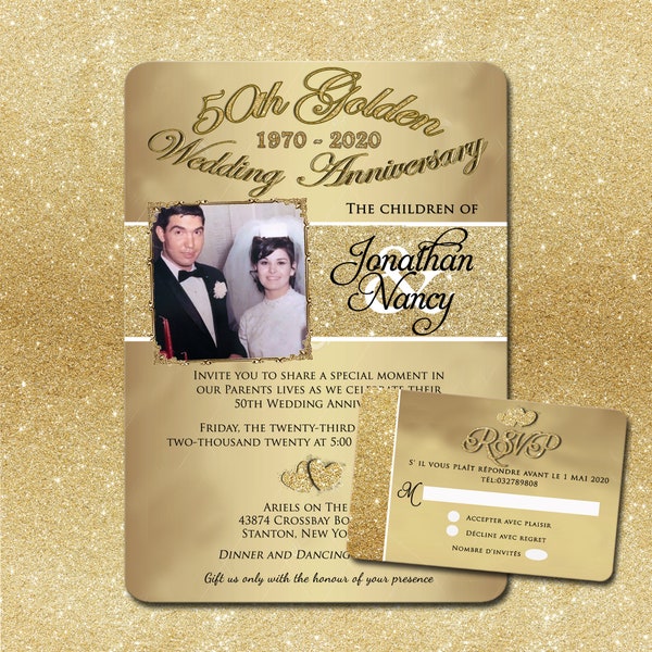 Gold 50th Anniversary - Printed Invitation, Gold & Black, Anniversary Invitation, Printed Gold Invitations, Photo Invitation