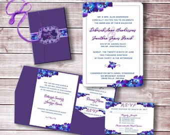 Invitations - Blue Orchid Blue Purple Wedding, Dendrobium Wedding Invitation Suites, Blue Purple Orchid Theme, Belly Band, Invitation Suites
