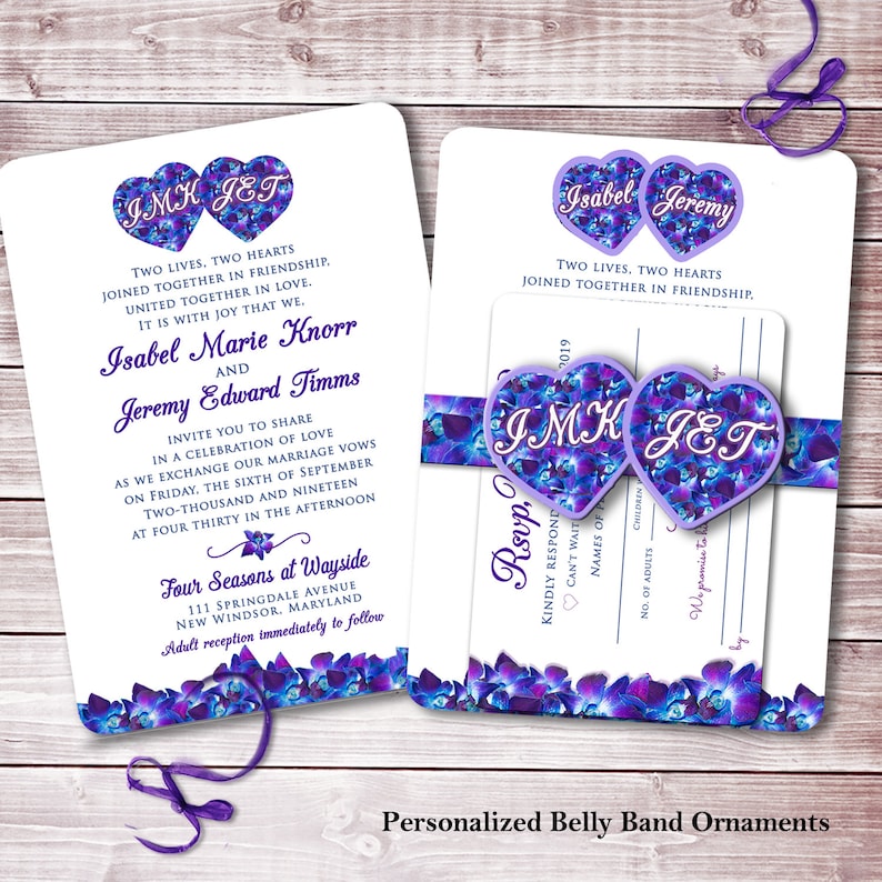 Custom Belly Bands Wedding Invitation Suites Blue Purple Orchid Dendrobium Wedding Invitation Suites Purple Orchid Wedding Invitations