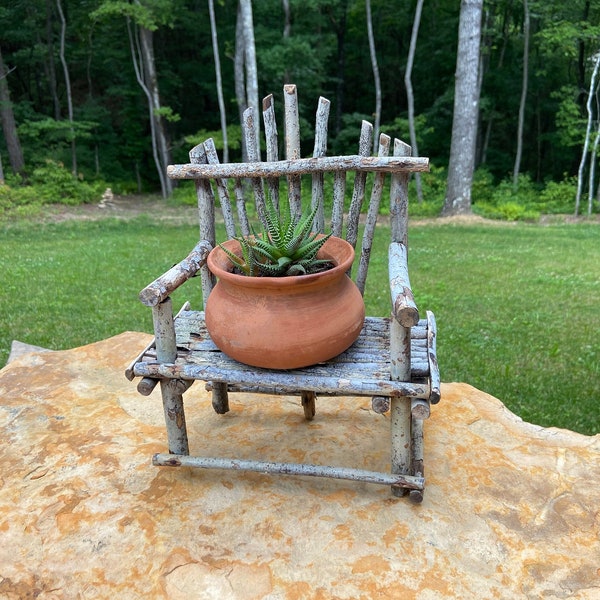 Vintage Miniature Small Rustic Primitive Adirondack Chair Twig Sticks Handcrafted Handmade Fairy Garden Cabin Decor Cottage Farmhouse