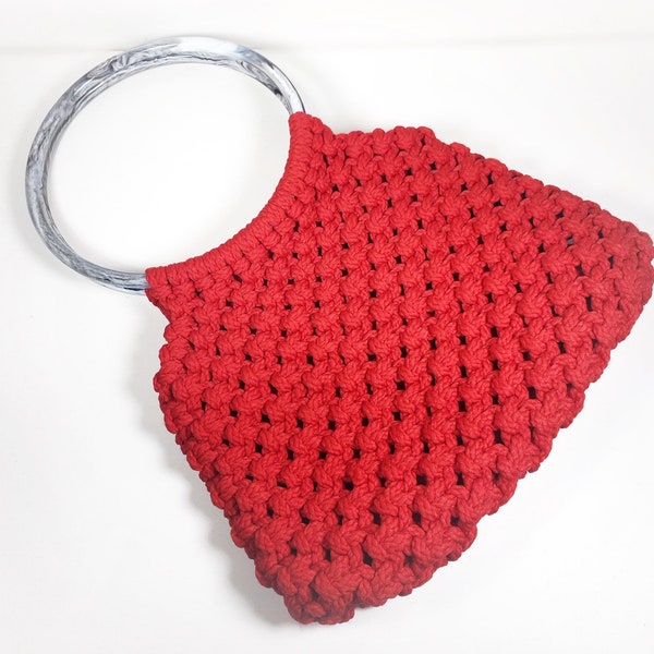 Vintage Macrame Crochet Purse Red Macrame Summer Handbag Large Round Handle Hippie Chic Purse Boho Fashion Summer Beach Resort Style