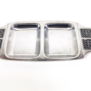 Vintage Stainless Steel Divided Serving Dish Tray Mid Century Metal Divided Serving Dish Minimalist with Black Midcentury Handles