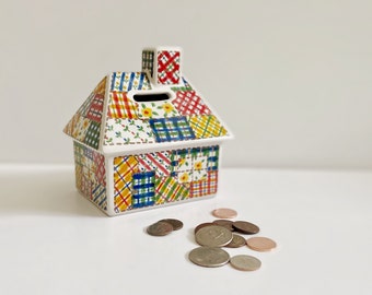 Ceramic House Shaped Coin Bank, Primary Color Patchwork Calico Pattern, Farmhouse Country Kids Room Nursery Style, Fun Saving Money Tool