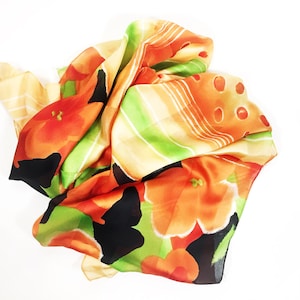 Vintage Floral Scarf: Orange, Lime, Yellow, Black & White