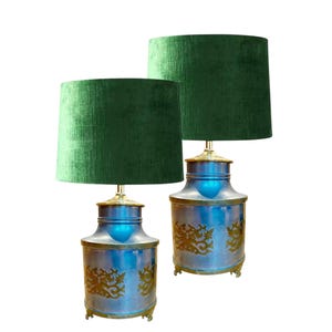 Vintage PAIR of Pewter and Brass Table Lamps +  Footed Tea Canister Chinoiserie Style + Made in Hong Kong + Classic Hollywood Regency Décor
