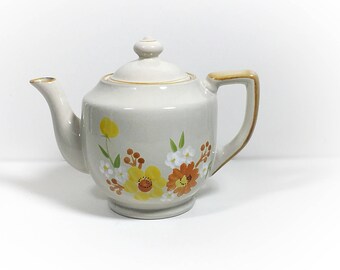 Vintage Pottery Orange and Yellow Flowers Tea Pot Teapot Stoneware Floral Teapot, Orange Apricot Yellow Green  Teapot, Hippie Boho Style