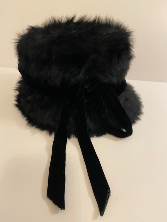 Vintage Black Faux Fur and Velvet Winter Bucket H… - image 5