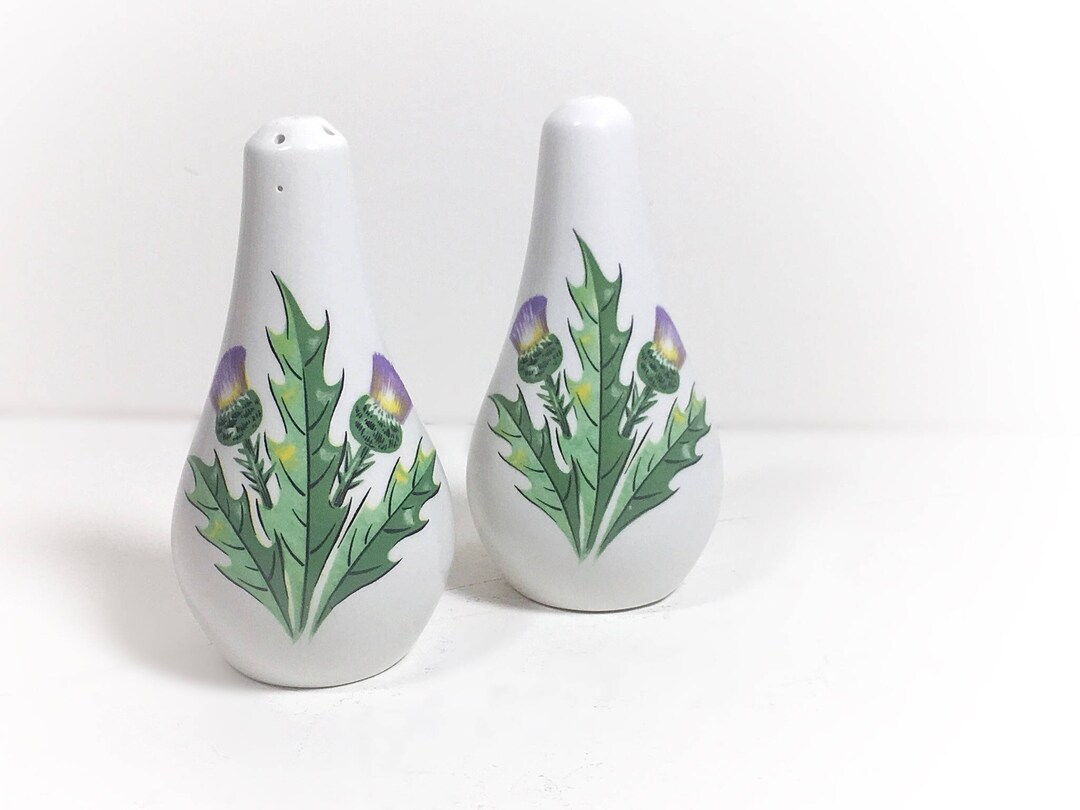 Vintage Pottery Salt and Pepper Shakers White Shakers With Purple