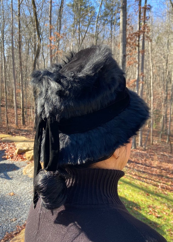 Vintage Black Faux Fur and Velvet Winter Bucket H… - image 2