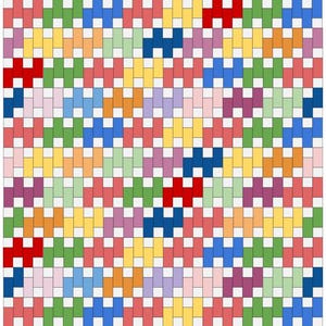 May include: A colorful, geometric pattern composed of rectangular blocks in various colors, including red, blue, green, yellow, and pink. The blocks are arranged in a repeating pattern, creating a visually engaging design. The pattern is suitable for fabric or wallpaper.