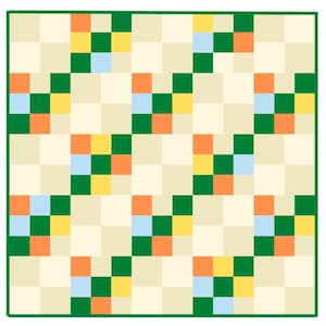 May include: A square quilt with a repeating pattern of colorful squares. The design features alternating blocks of cream and squares of orange, yellow, green, and blue, all framed by a green border. The quilt's design is geometric and symmetrical.