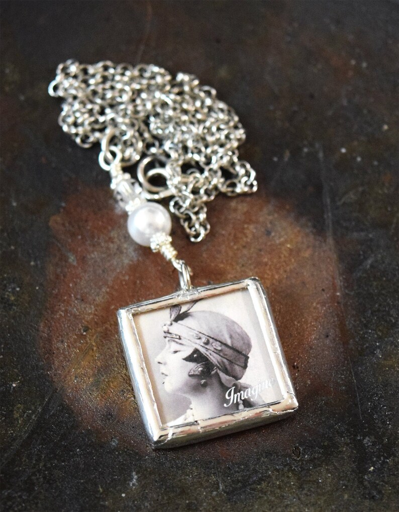 Soldered Pendant Necklace /'Imagine /' Vintage flapper girl photo Lead-Free Solder