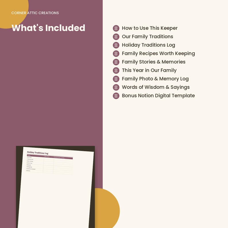 Puede incluir: Un documento digital que enumera el contenido: How to Use This Keeper, Our Family Traditions, Holiday Traditions Log, Family Recipes Worth Keeping, Family Stories & Memories, This Year in Our Family, Family Photo & Memory Log, Words of Wisdom & Sayings y Bonus Notion Digital Template.