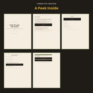 May include: Five pages of a cream-colored journal titled Faith Through The Fight, featuring black text, structured writing prompts, and sections labeled Before You Begin, Day 01, Weekly Check-In, and For the Hard Days with dark rectangular accents.
