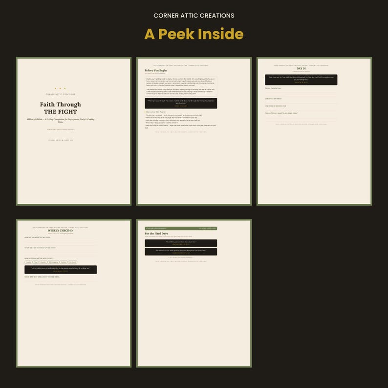 May include: Five pages of a cream-colored journal titled Faith Through The Fight, featuring black text, structured writing prompts, and sections labeled Before You Begin, Day 01, Weekly Check-In, and For the Hard Days with dark rectangular accents.