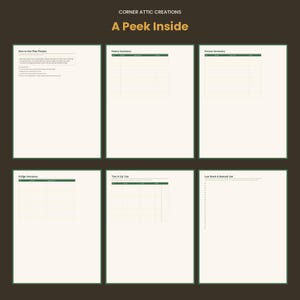 Puede incluir: Un conjunto de seis p&aacute;ginas de planificador digital con fondo crema y encabezados verde oscuro. Las p&aacute;ginas incluyen How to Use This Tracker, Pantry Inventory, Freezer Inventory, Fridge Inventory, Use It Up List y Low Stock & Restock List.