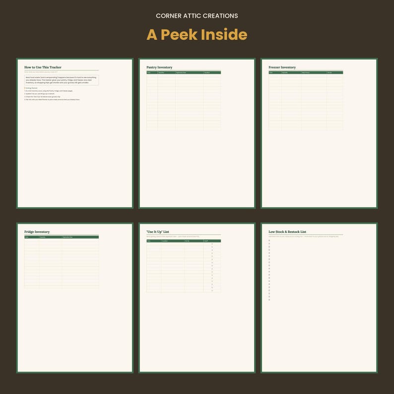 Puede incluir: Un conjunto de seis p&aacute;ginas de planificador digital con fondo crema y encabezados verde oscuro. Las p&aacute;ginas incluyen How to Use This Tracker, Pantry Inventory, Freezer Inventory, Fridge Inventory, Use It Up List y Low Stock & Restock List.