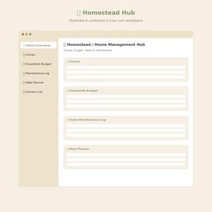 Op de afbeelding: Een digitale interface genaamd Homestead Hub met een zijbalk met Home Overview, Chores, Household Budget, Maintenance Log, Meal Planner en Grocery List. Het hoofdgedeelte toont secties voor Chores, Household Budget, Home Maintenance Log en Meal Planner.