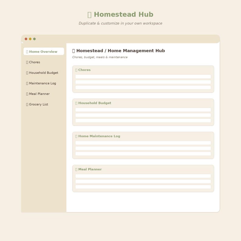 Op de afbeelding: Een digitale interface genaamd Homestead Hub met een zijbalk met Home Overview, Chores, Household Budget, Maintenance Log, Meal Planner en Grocery List. Het hoofdgedeelte toont secties voor Chores, Household Budget, Home Maintenance Log en Meal Planner.