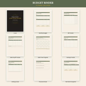 May include: A budget binder and debt payoff tracker set featuring 13 pages with a black cover and cream-colored interior sheets. The pages include a monthly budget, bill tracker, debt payoff tracker, debt-free progress chart, savings tracker, sinking funds planner, financial goals, and net worth snapshot.