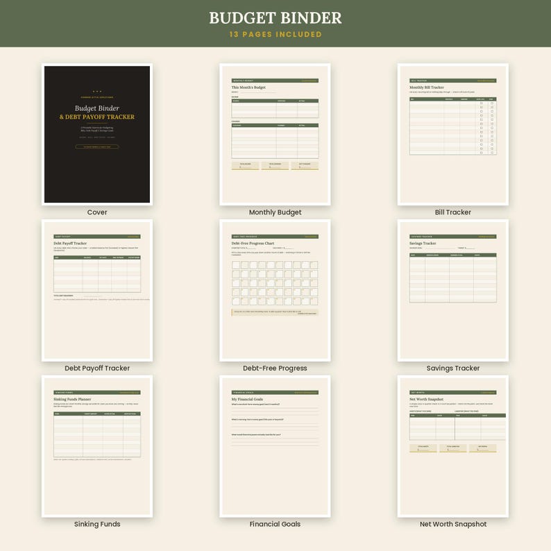 May include: A budget binder and debt payoff tracker set featuring 13 pages with a black cover and cream-colored interior sheets. The pages include a monthly budget, bill tracker, debt payoff tracker, debt-free progress chart, savings tracker, sinking funds planner, financial goals, and net worth snapshot.