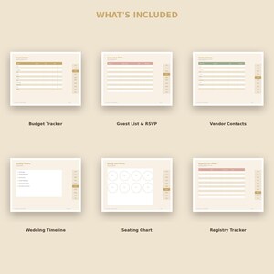 Pu&ograve; includere: Un set di pianificatori di matrimonio digitali con sei modelli distinti sotto il titolo WHAT'S INCLUDED. Le pagine includono un tracker di budget, lista degli invitati, contatti dei fornitori, cronologia, piano dei posti e tracker dei regali.