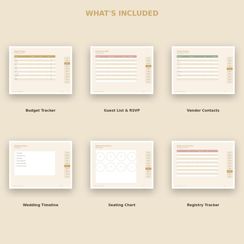 Pu&ograve; includere: Un set di pianificatori di matrimonio digitali con sei modelli distinti sotto il titolo WHAT'S INCLUDED. Le pagine includono un tracker di budget, lista degli invitati, contatti dei fornitori, cronologia, piano dei posti e tracker dei regali.